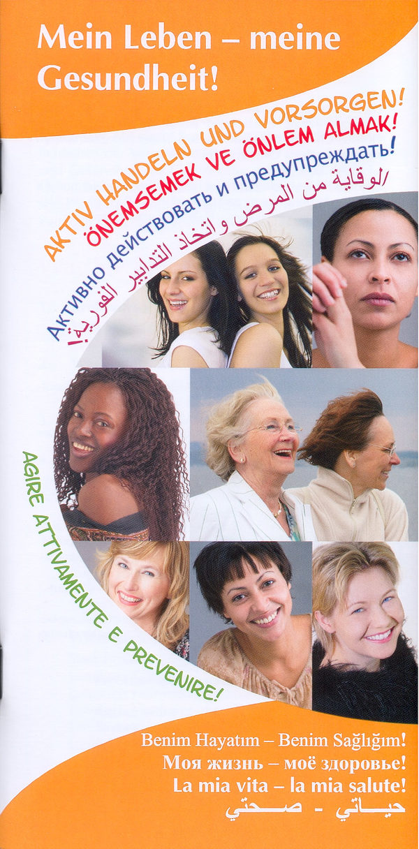 Broschürencover mit dem Text Mein Leben - meine Gesundheit in verschiedenen Sprachen und Frauengesichtern (Wird bei Klick vergrößert)