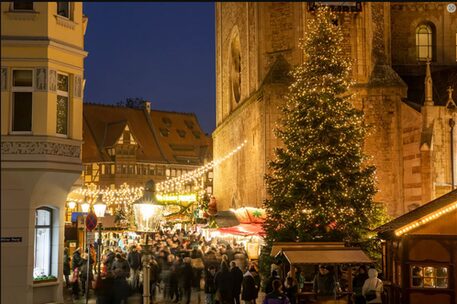 Das Bild zeigt den Weihnachtsmarkt vor dem Braunschweiger Dom.