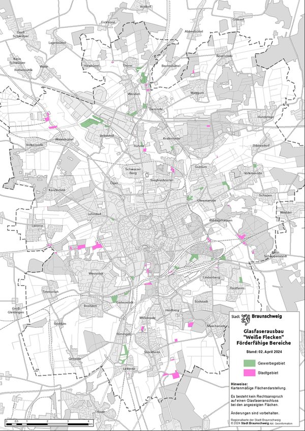 Karte mit den förderfähigen Glasfaserausbau-Gebieten (weiße Flecken) in Braunschweig - Stand April 2024 (Wird bei Klick vergrößert)