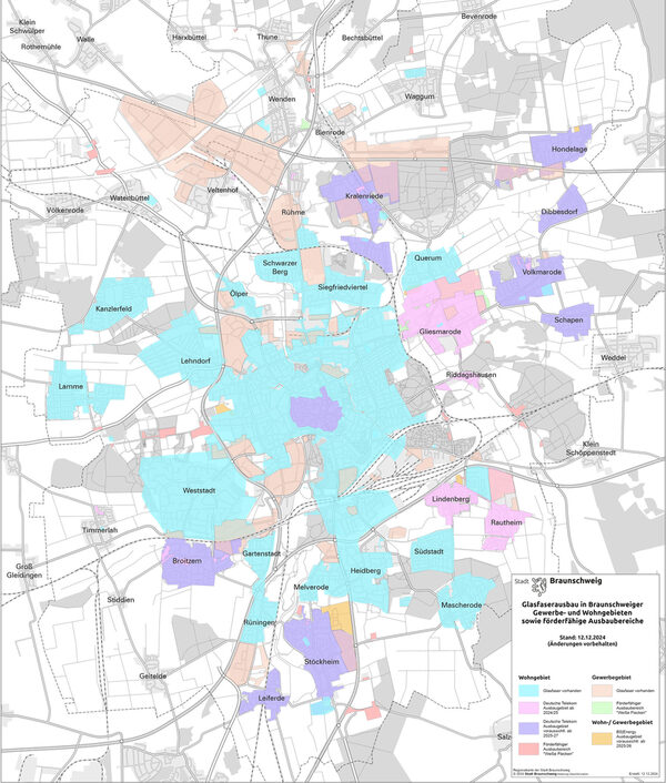 Karte mit den Glasfaserausbau-Gebieten in Braunschweig - Stand Dezember 2024 © Stadt Braunschweig (Wird bei Klick vergrößert)