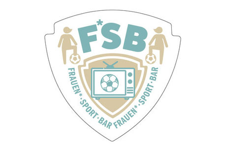 Logo mit dem Schtriftzug F*SB Fernseher mit Fußball und zwei weibliche gelesenen Karikaturen mit einem Fußball