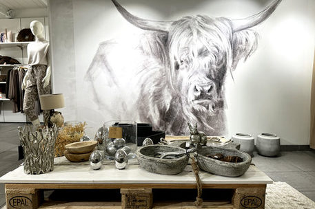 Dekoration vor einem Gemälde einer Kuh im Geschäft "bianco" in Braunschweig.