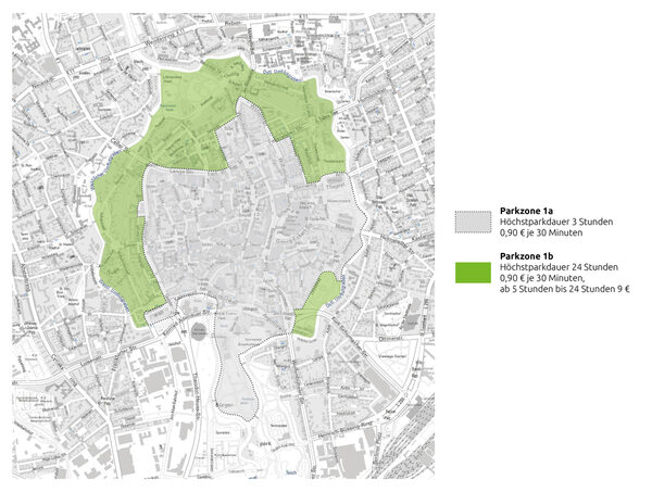 Übersicht der Parkzonen 1a und 1b der Braunschweiger Innenstadt. (Wird bei Klick vergrößert)