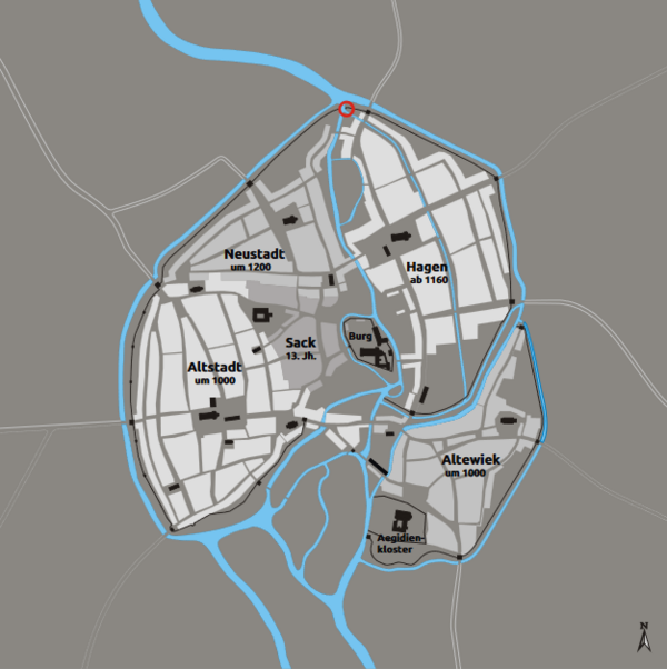 Die Stadt Braunschweig und ihre Befestigungsanlagen um 1250. (Wird bei Klick vergrößert)