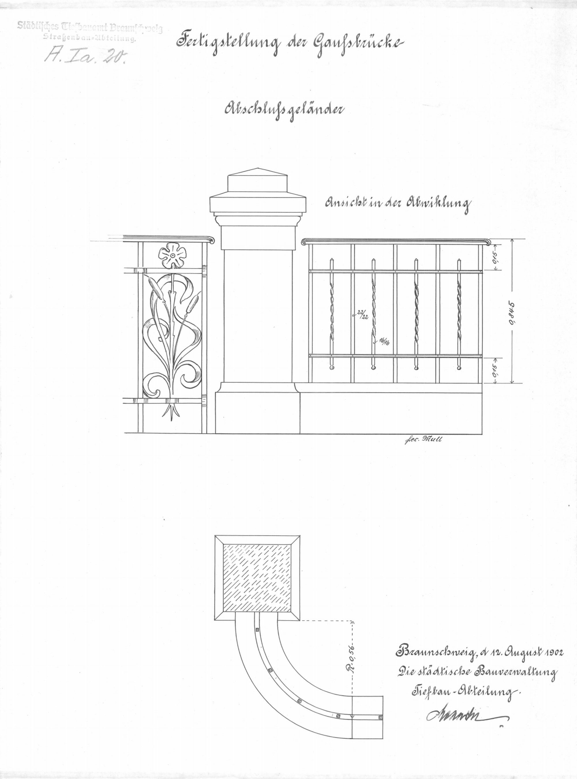 Gaußbrücke, Detailzeichnung Geländer, 1902 (Wird bei Klick vergrößert)