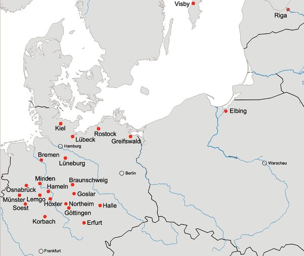 Übersichtskarte Nord- und Ostmitteleuropa: Verbreitung von Steinwerken und Kemenaten mit Auswahl wichtiger und gut dokumentierter Orte. (Wird bei Klick vergrößert)