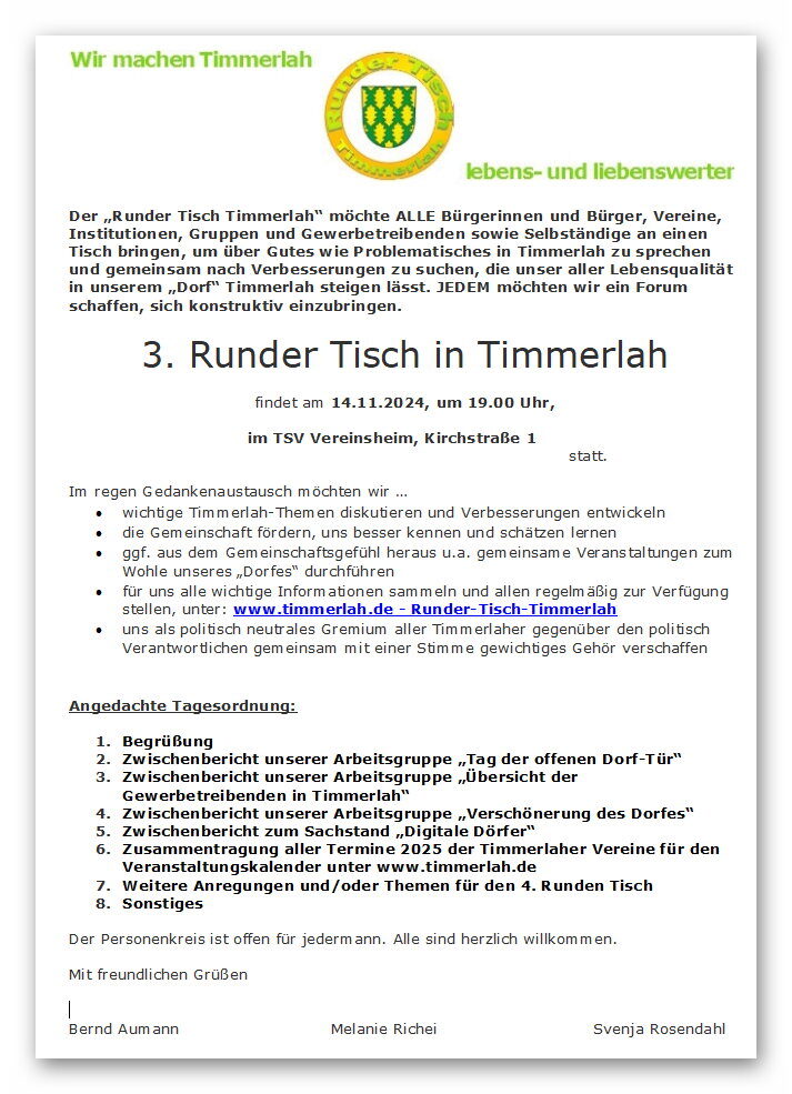 3.Runder Tisch am 14.11.24 um 19.00 Uhr im TSV Heim