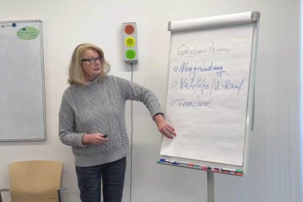 Das Bild zeigt eine Frau, die an einem Flipchart steht. (Wird bei Klick vergrößert)